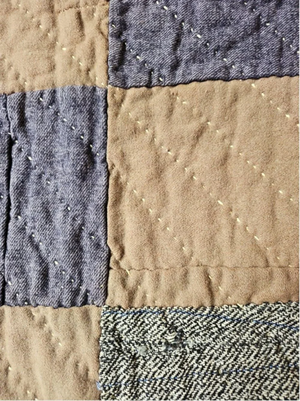 Antique 1920s Mens Wool Scrap Hand Sewn Quilt Stripe Ticking Back Yarn 58 x 75.5